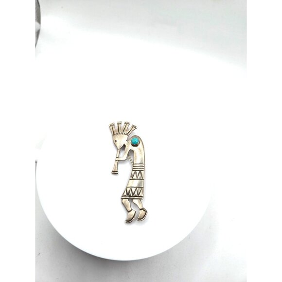 Vintage Sterling Silver Turquoise Kokopelli Brooch Indigenous 3" EP Marked - Picture 4 of 7